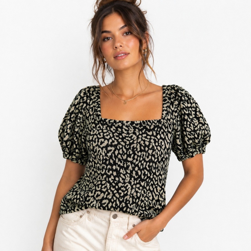 Free People Leopard Print Square Neck Puff Sleeve Knit Top Black White Large